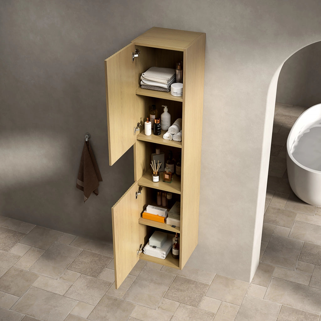 Colonna bagno con 2 ante e 1 vano aperto; ripiani regolabili e chiusura ammortizzata; in multistrato rovere dorato