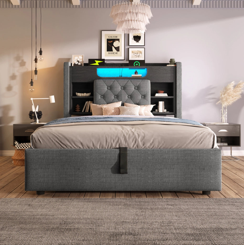 Letto 90x200 cm con contenitore idraulico, LED e porte USB, in lino grigio