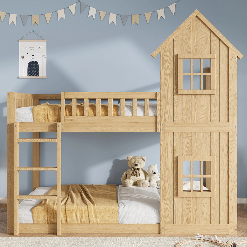 Letto a castello a casetta in pino e MDF; colore naturale; con due finestre e scala; 90x200 cm