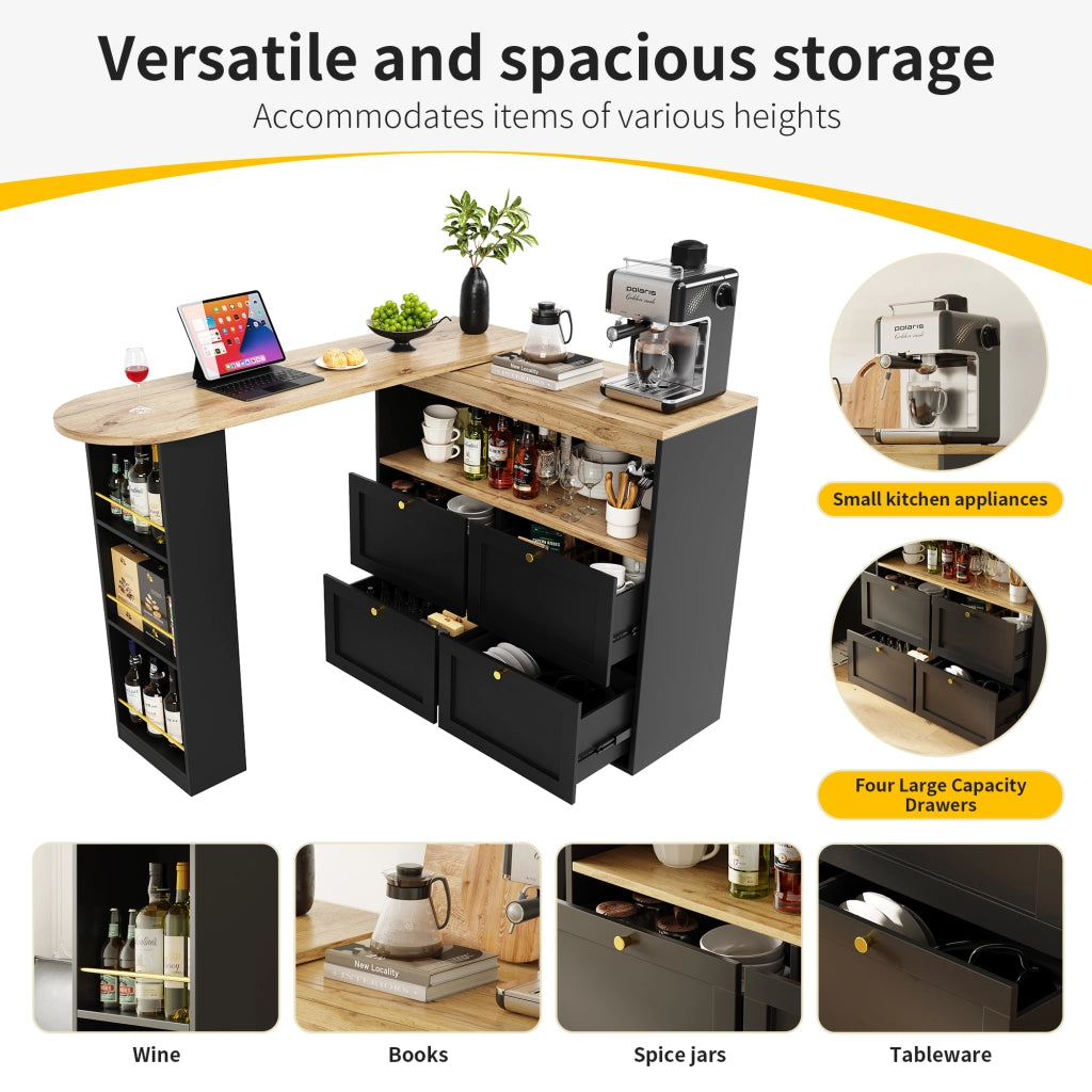 Mobile contenitore a L con 4 cassetti e scaffale laterale girevole a 360° in MDF nero 105 × 39 × 102 cm