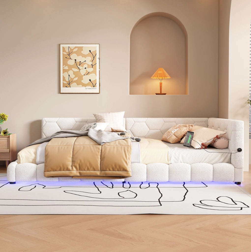 Divano letto 140x200 cm bianco con LED, USB e Type-C