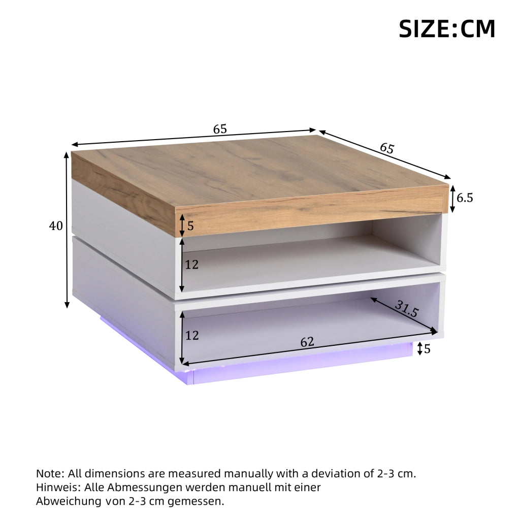 Tavolino da salotto quadrato con luci LED bianco effetto legno 65 x 65 x 40 cm in MDF