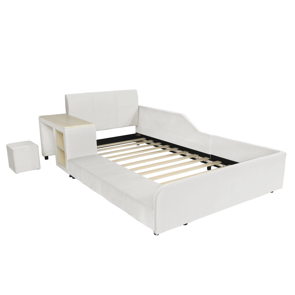 Letto per bambini singolo 90 × 200 cm con scrivania, sgabello e ripiano, senza materasso, in velluto bianco