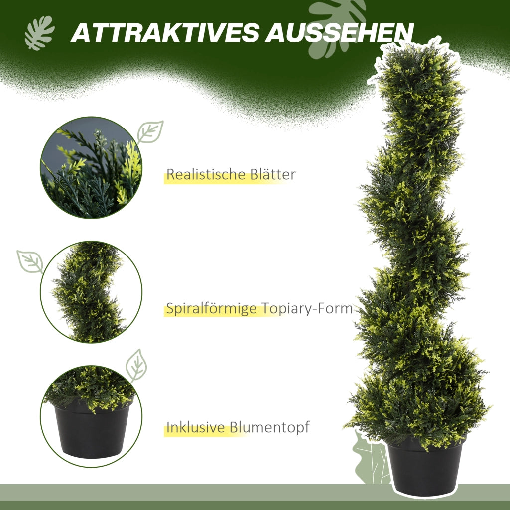 Albero di cedro artificiale a spirale in plastica verde con vaso nero e riempimento in cemento per interni ed esterni