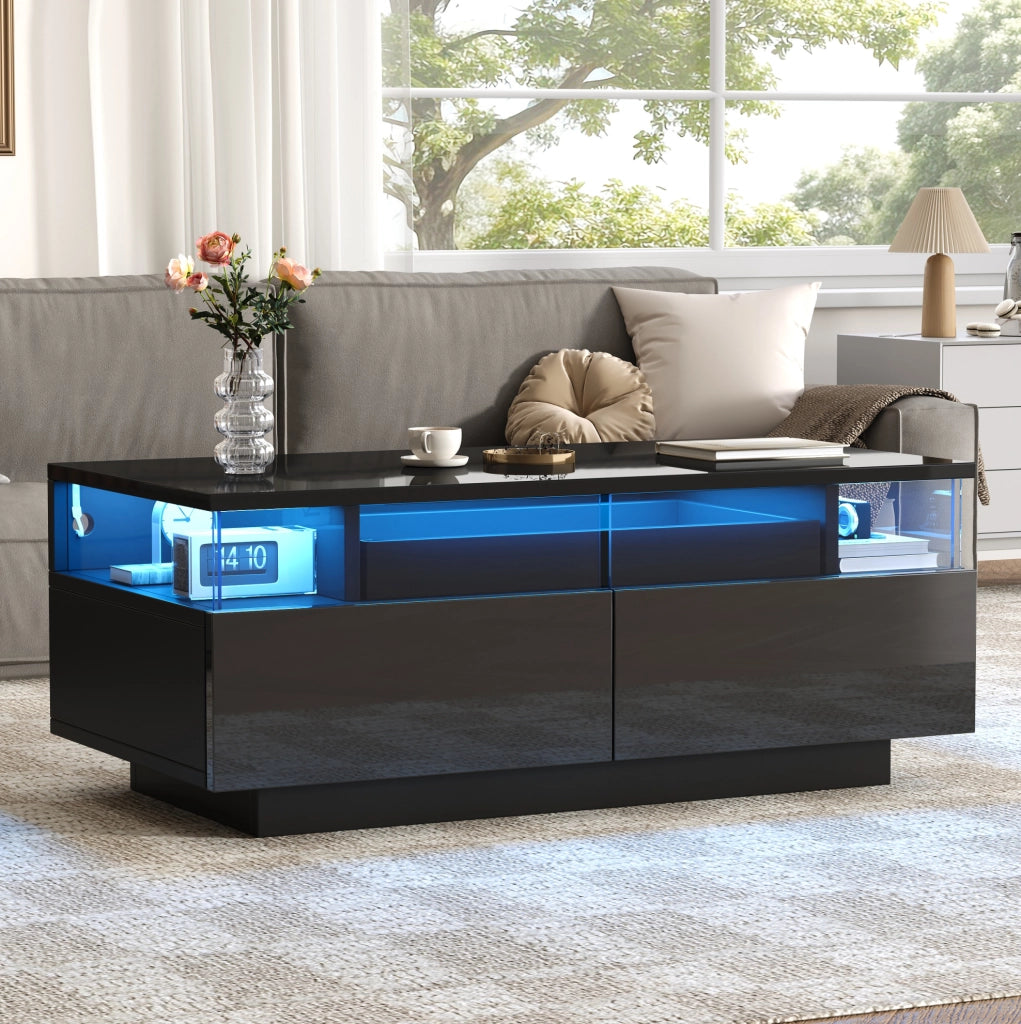 Tavolino da salotto moderno 90 x 45 x 35;5 cm nero lucido con LED; 2 cassetti e vassoio