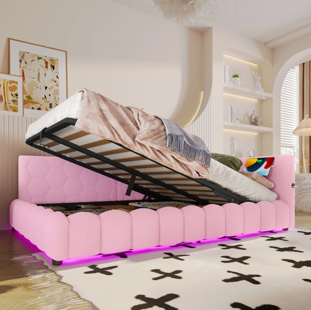 Daybed 140x200 cm rosa con contenitore idraulico, LED, USB e Type-C