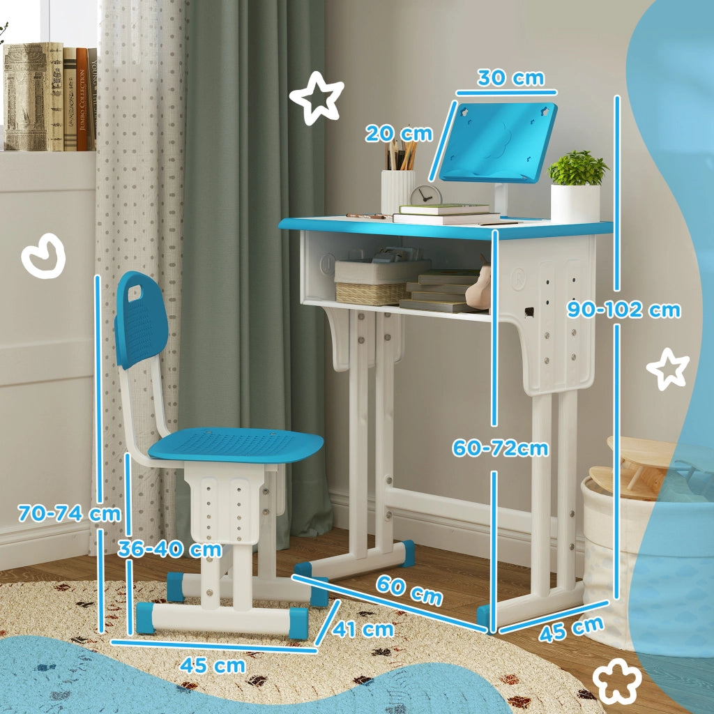 Scrivania e sedia per bambini con leggio portapenne gancio e cassetto 60x45x90-102 cm ¨C Xylo ¨C Blu