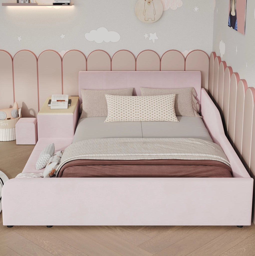 Letto imbottito rosa 140x200 con scrivania e sgabello