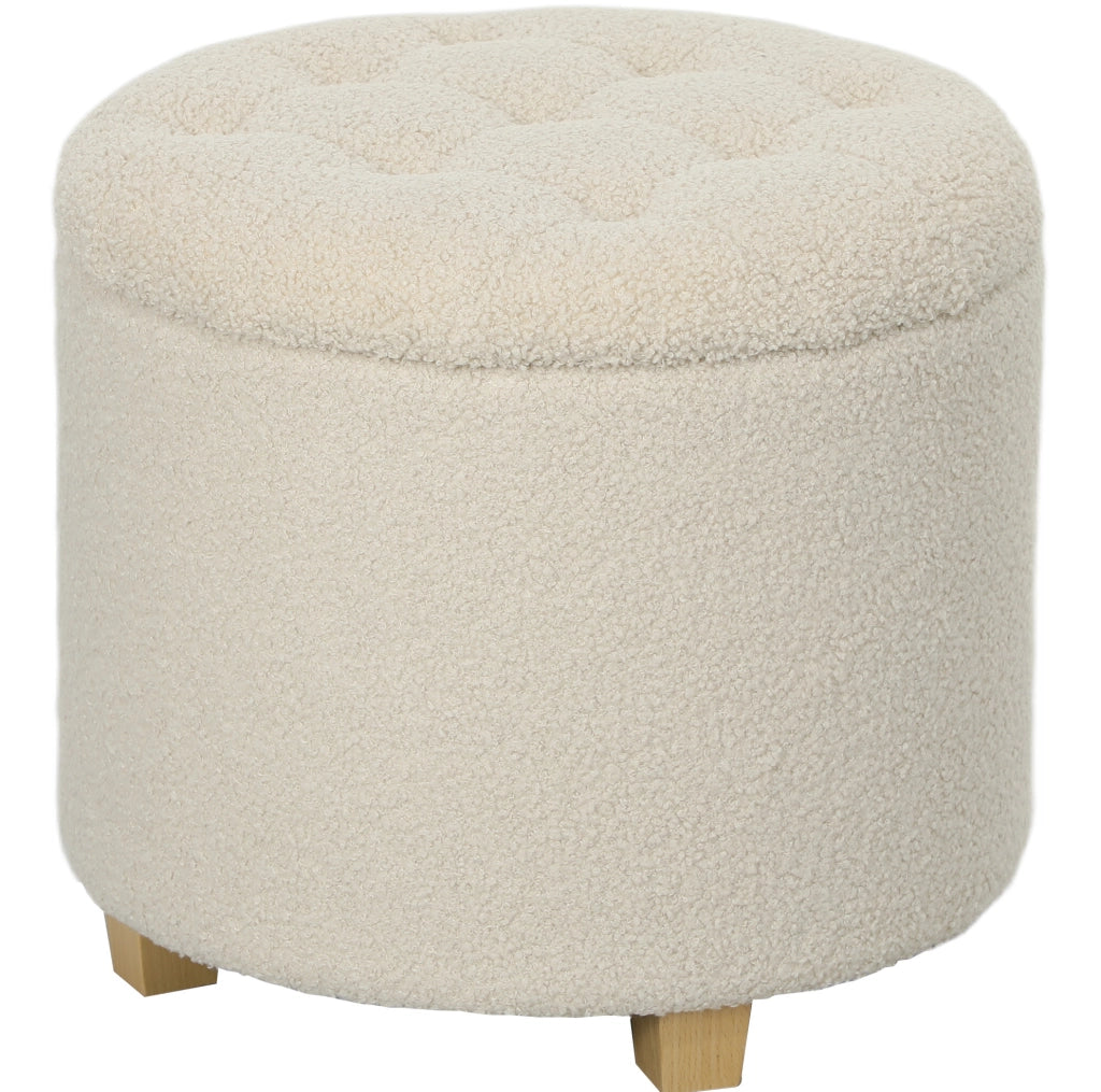 Panca rotonda con contenitore e rivestimento in tessuto color crema, Ø45 x 41 cm, struttura in legno di pino