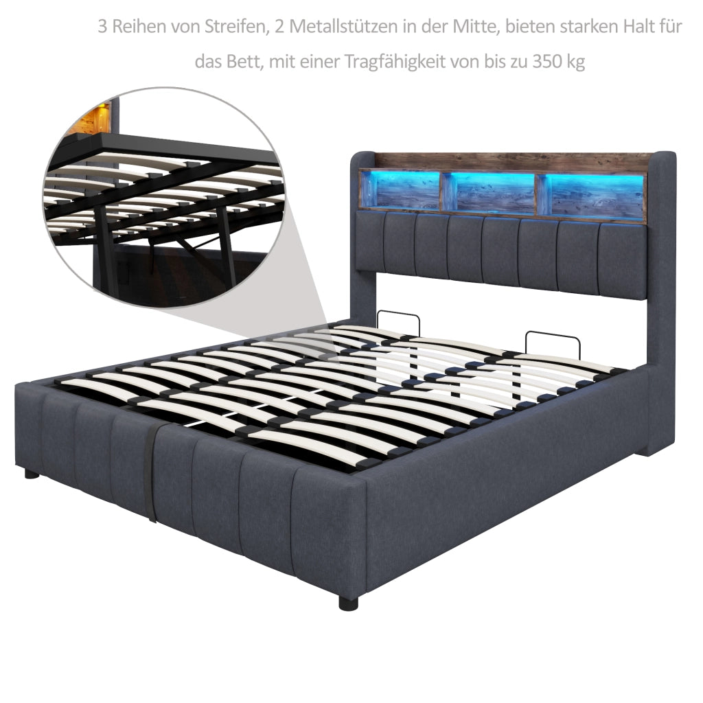 Letto con contenitore 180 × 200 cm imbottito con LED; USB e USB-C; testiera con ripiani in lino grigio