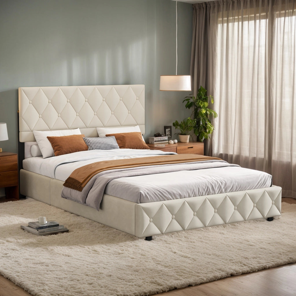 Letto matrimoniale imbottito in velluto beige 160 × 200 cm