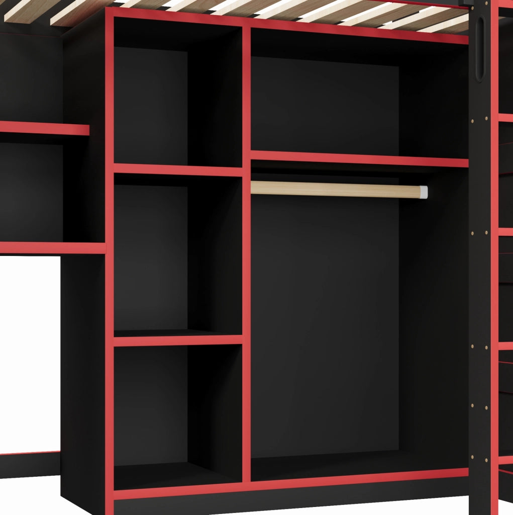 Letto a soppalco gaming 90x200 cm con scrivania; armadio; LED e USB nero e rosso HOMVRA