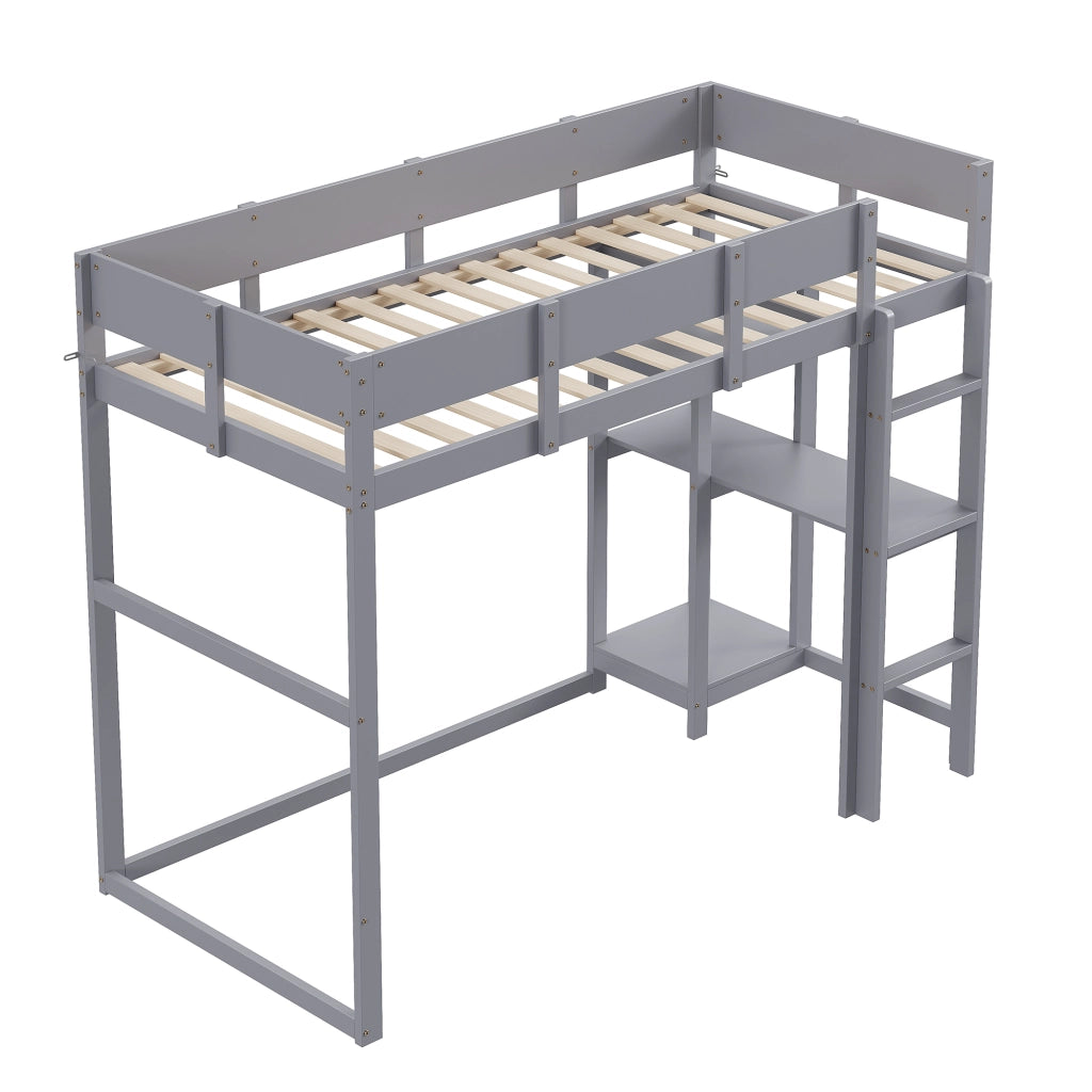 Letto a soppalco 90 × 200 cm con ripiano integrato rete a doghe in legno grigio con protezioni laterali