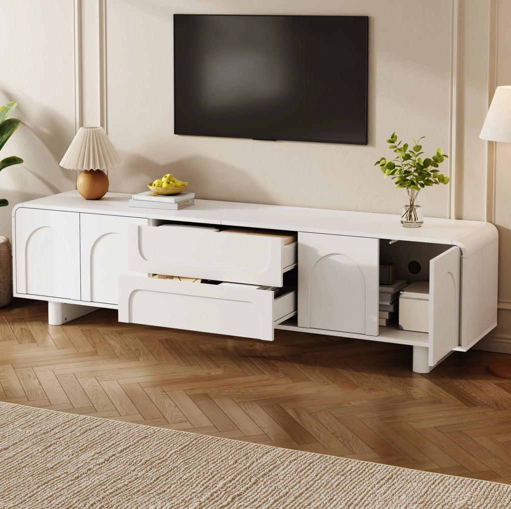 Mobile TV moderno con ante e cassetti, design arrotondato