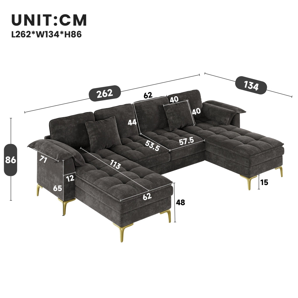 Divano angolare a U 4 posti - con 2 chaise longue e cuscini - in chenille grigio