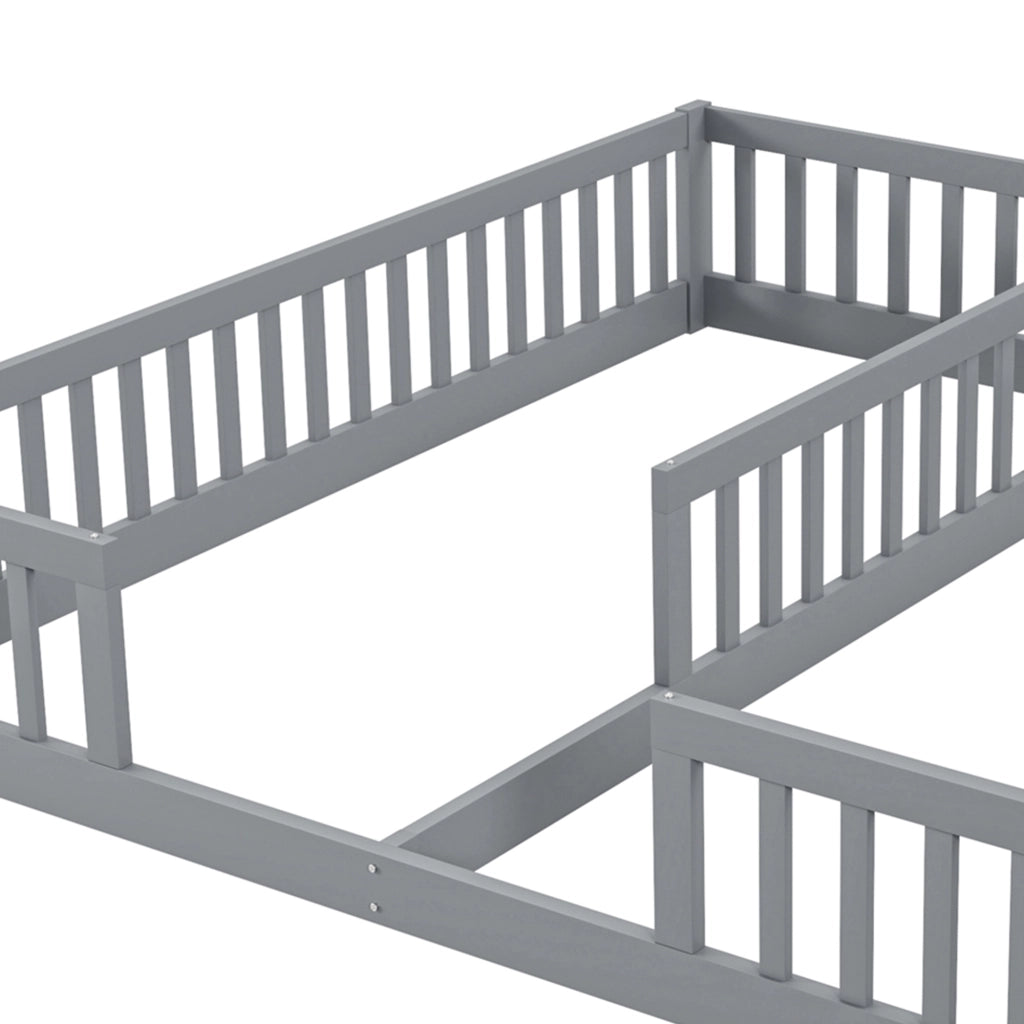 Letto a pavimento per bambini con due superfici 90 × 200 cm; barriera di protezione; legno e MDF grigio