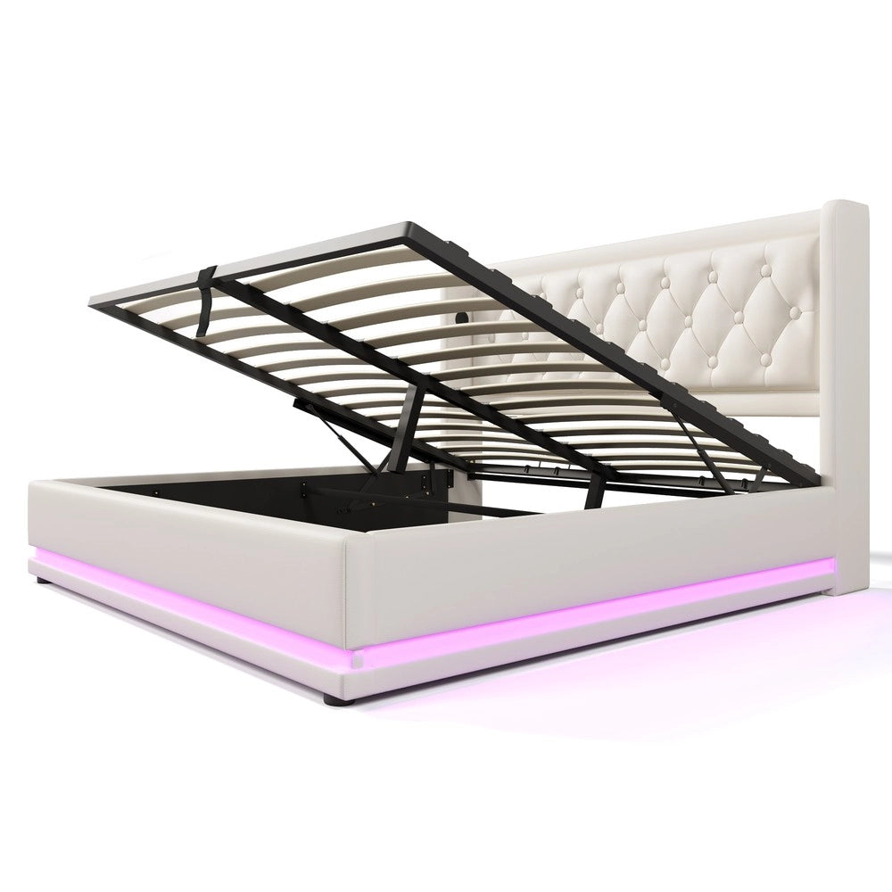 Letto Contenitore Imbottito Matrimoniale LED con USB ¨C MINIMAL ¨C Bianco, 140x200, Idraulico