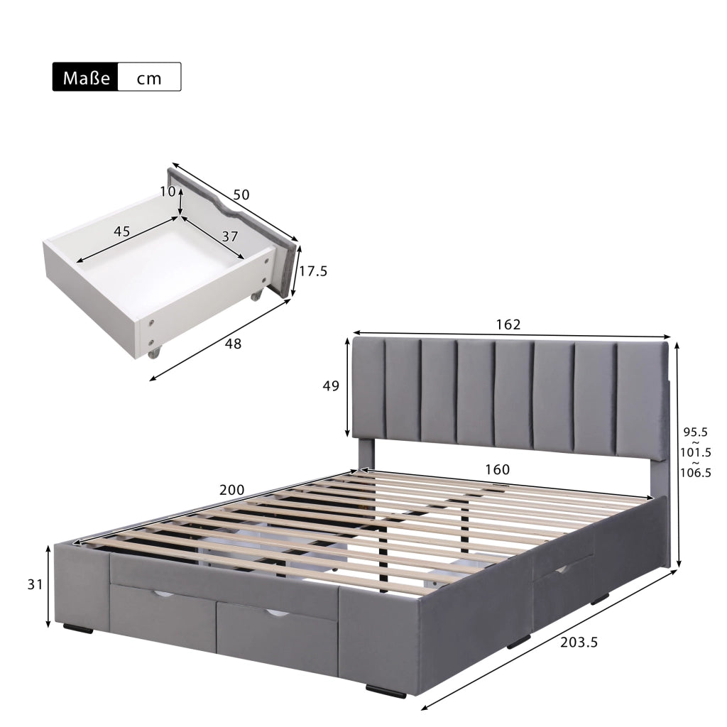 Letto con cassetti 160 × 200 cm con 4 cassetti su ruote testiera imbottita regolabile in velluto grigio