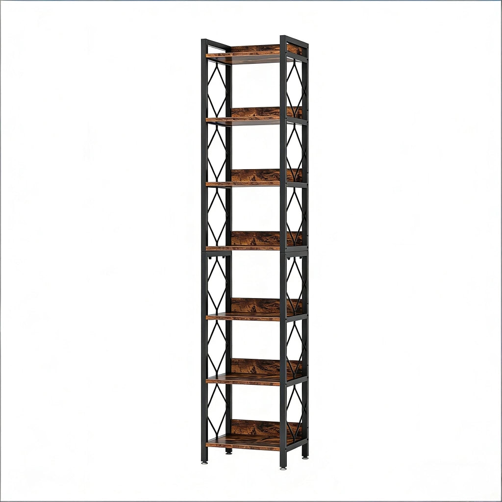 Libreria stretta con 7 ripiani aperti e protezioni laterali per casa e ufficio, metallo e legno, 34 × 34 × 200 cm