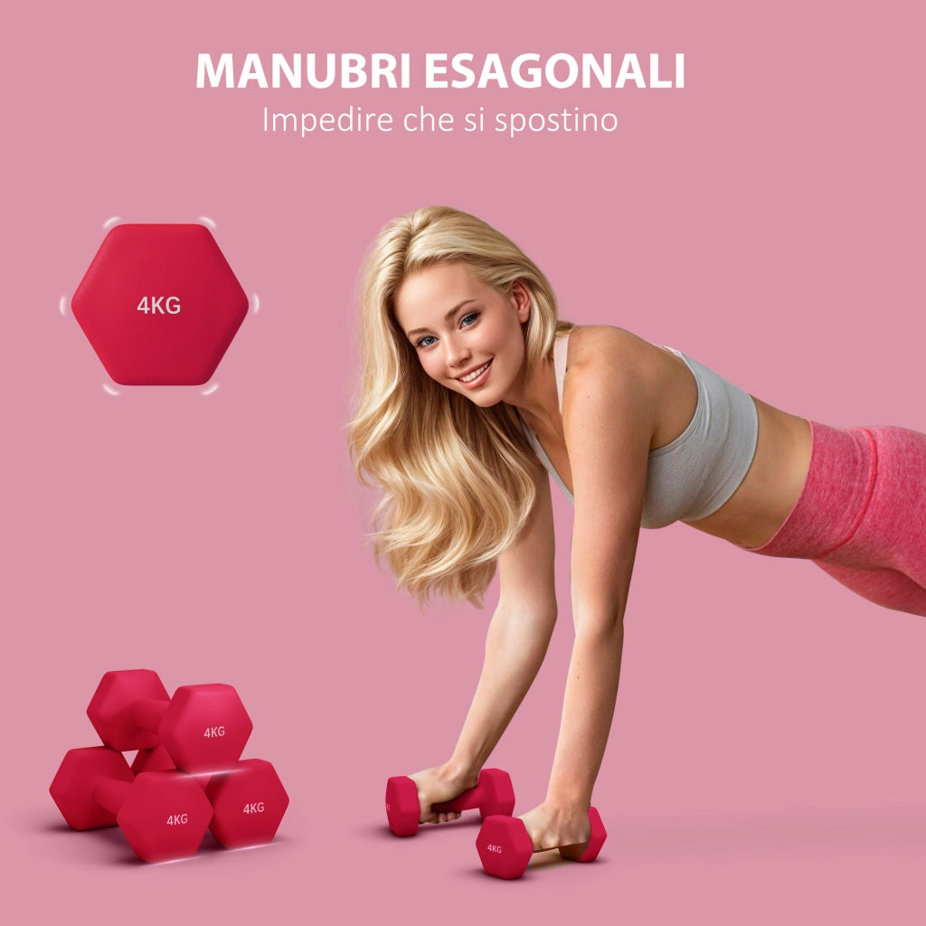 Set 2 Manubri Esagonali da 2x4 kg in Metallo e Plastica con Impugnatura Antiscivolo. 19x9x9 cm. Rosso