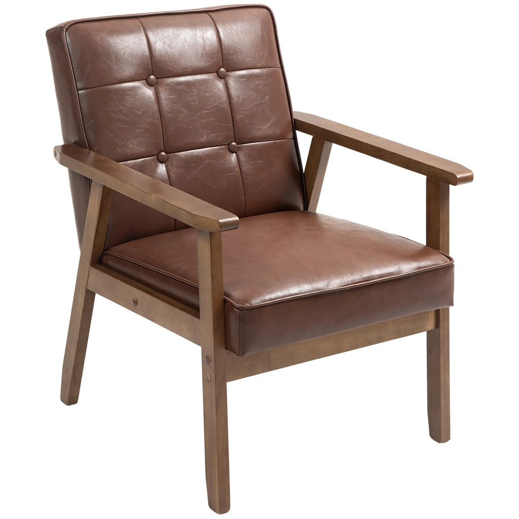 Poltrona da soggiorno ¨C Xylo ¨C similpelle marrone, schienale capitonn¨¦, gambe legno massello 64x73x81cm
