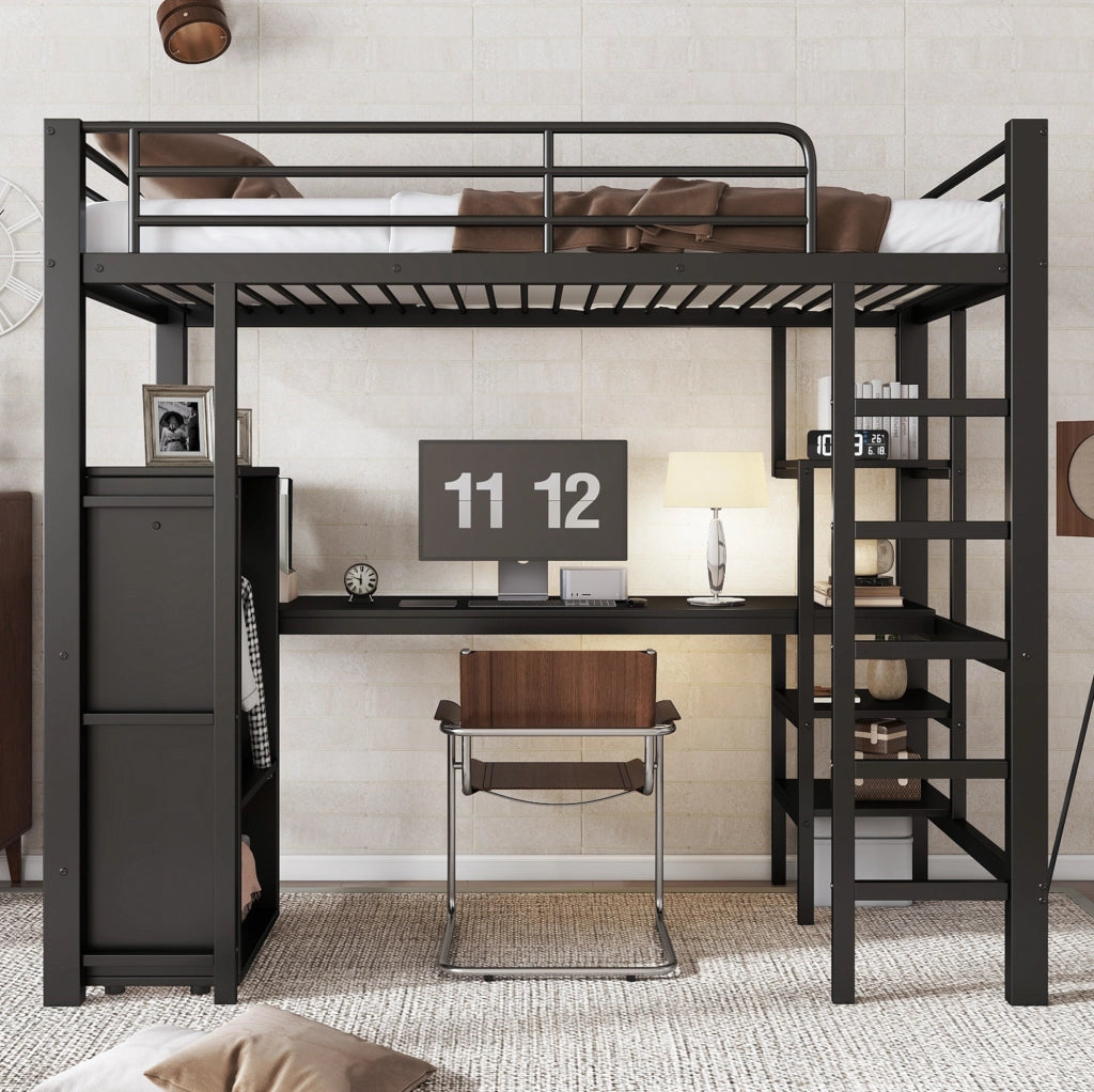 Letto a castello in ferro nero con scrivania e armadio integrati, 90x200 cm, per bambini e ragazzi