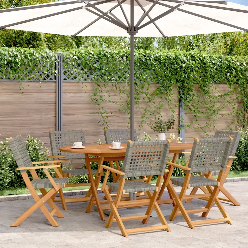 Sedie Giardino Pieghevoli 6 pz | Sedie da Esterno Grigie Polyrattan Legno Massello