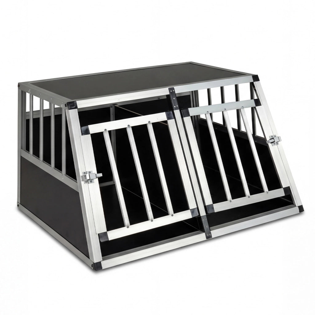 Gabbia da viaggio per cani in alluminio con porta bloccabile divisorio rimovibile e design trapezoidale, Gabbia antimorso per cuccioli di piccola taglia
