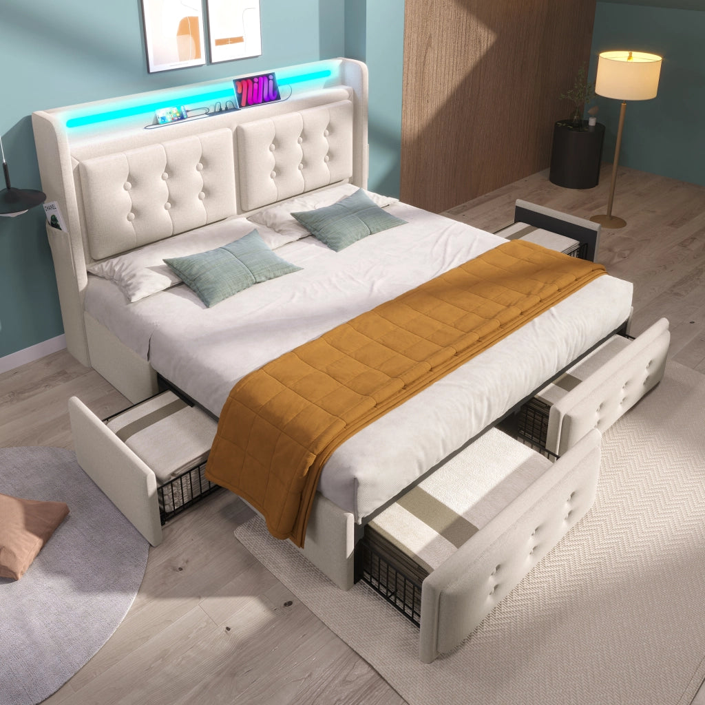 DESMIU Lit Coffre 140 × 200 cm 2 Posti con LED, USB, Type-C e 4 Cassetti, Materasso Incluso, Beige