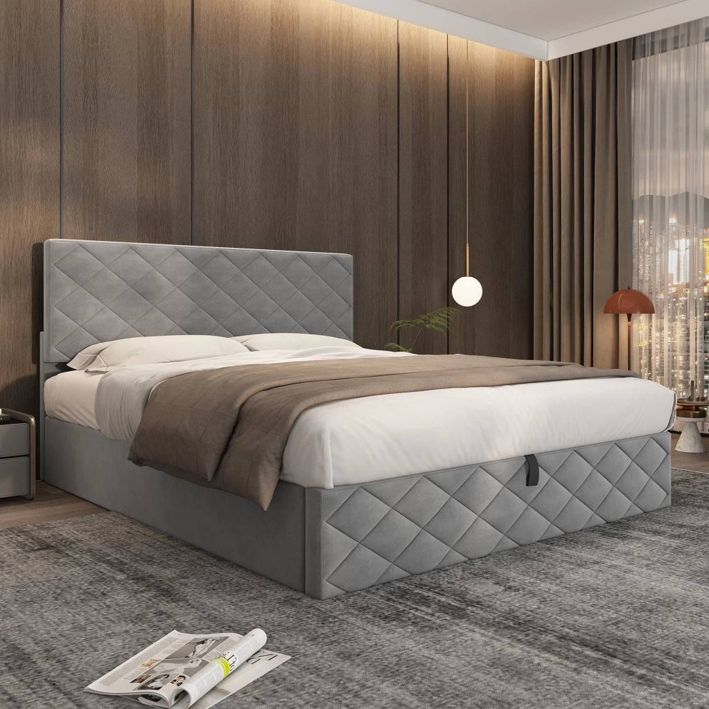 Letto imbottito 140x200 cm con contenitore e rete a doghe in velluto grigio