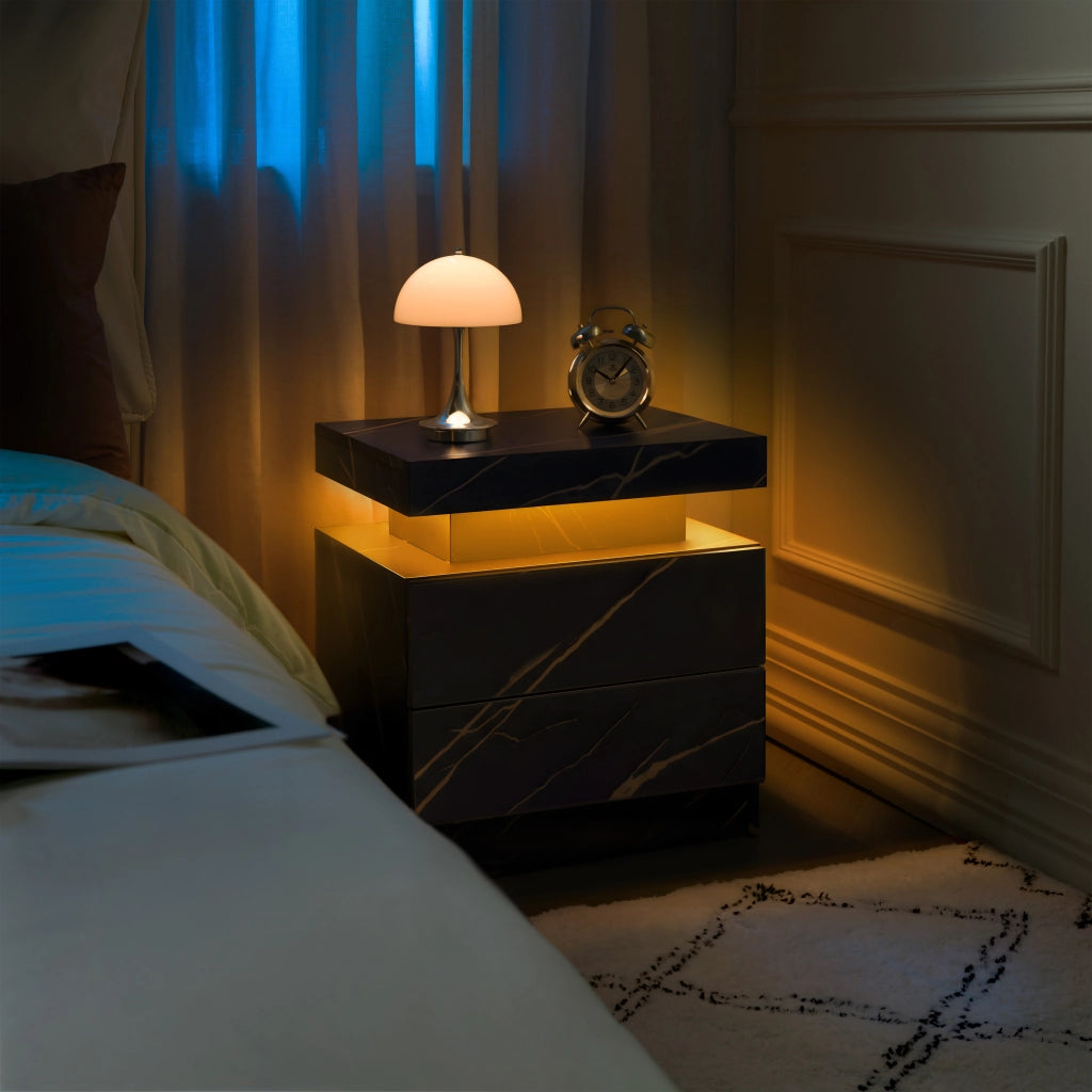 Coppia di comodini LED con 2 cassetti, luce multicolore, nero e oro