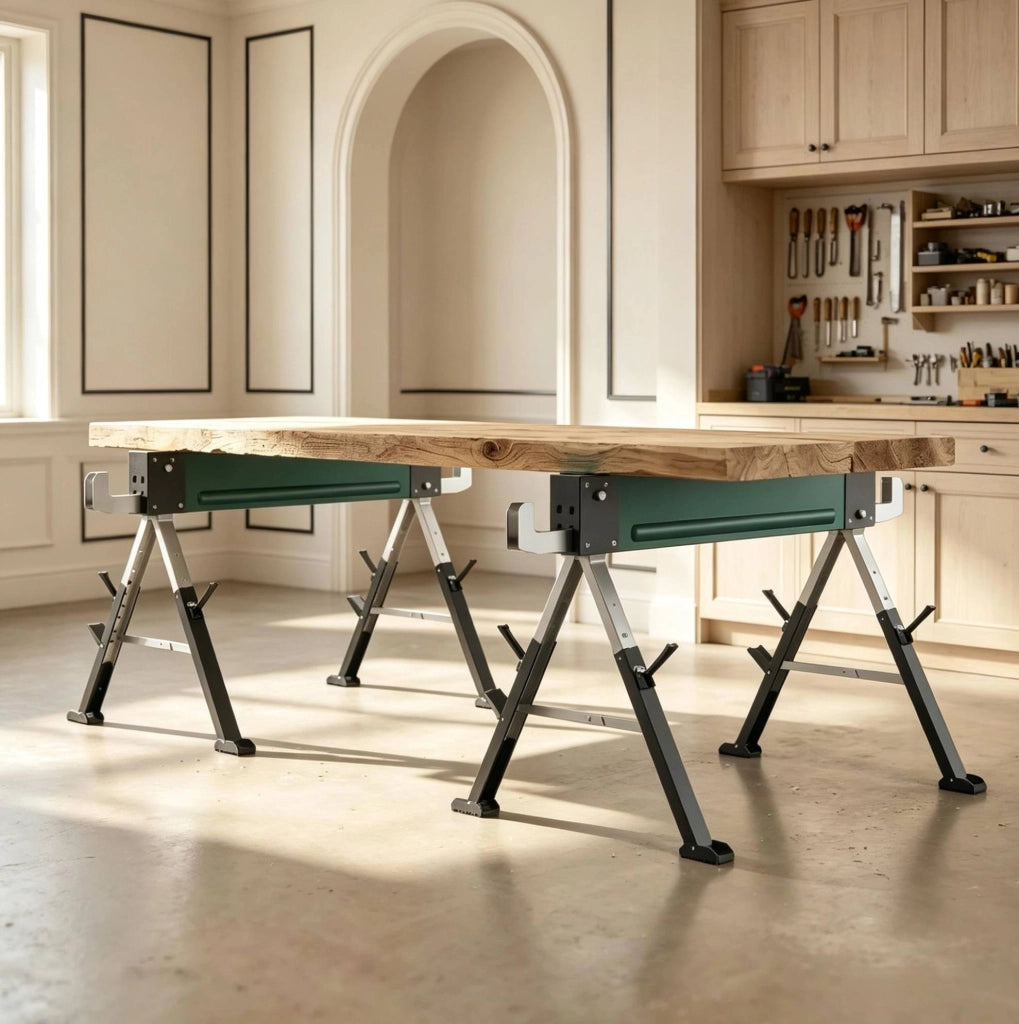 Cavalletti da lavoro ULEVR pieghevoli in metallo, set 2 regolabili 64-81 cm, portata 1160 kg, verde e nero