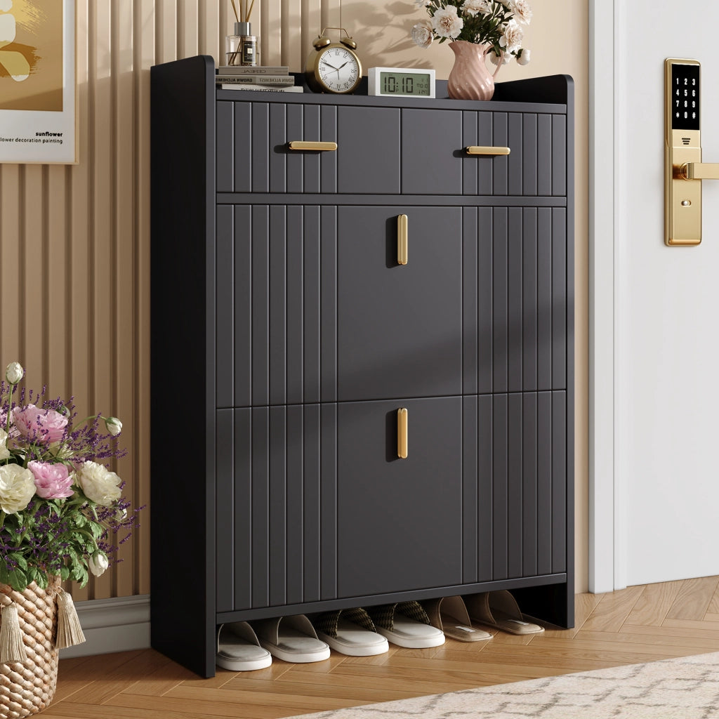 Scarpiera 75x24x108.5 cm con 2 vani a ribalta e cassetto in pannello di particelle nero