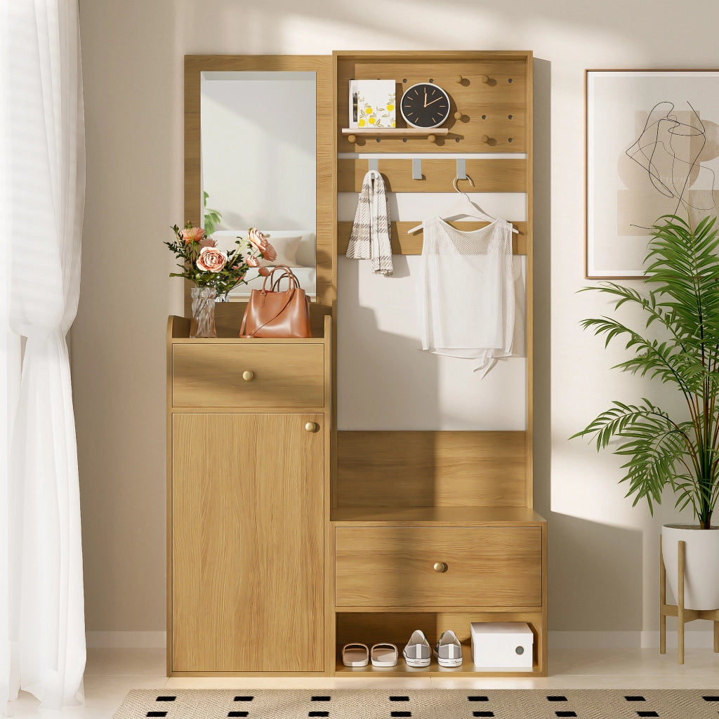 Mobile da ingresso con specchio, 2 cassetti, armadio e ripiani aperti, ganci removibili, color legno, 105 × 38 × 180 cm