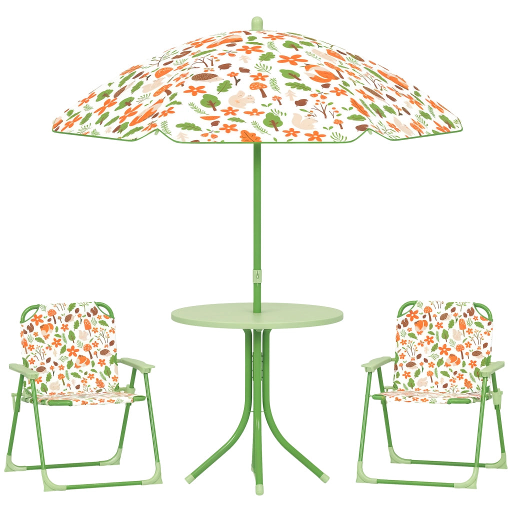 Set da Giardino per Bambini 2-5 Anni con Tavolino Rotondo, 2 Sedie Pieghevoli e un Ombrellone, Verde