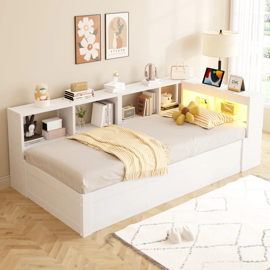 Letto singolo multifunzione 90 × 200 cm con vano contenitore legno bianco presa integrata e luce LED