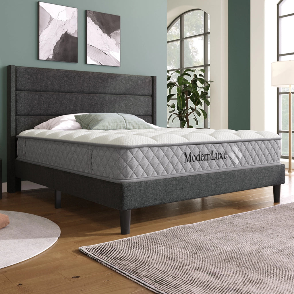 Letto matrimoniale 140 × 200 cm 2 posti, testiera imbottita e materasso H3 a 7 zone, in lino grigio scuro