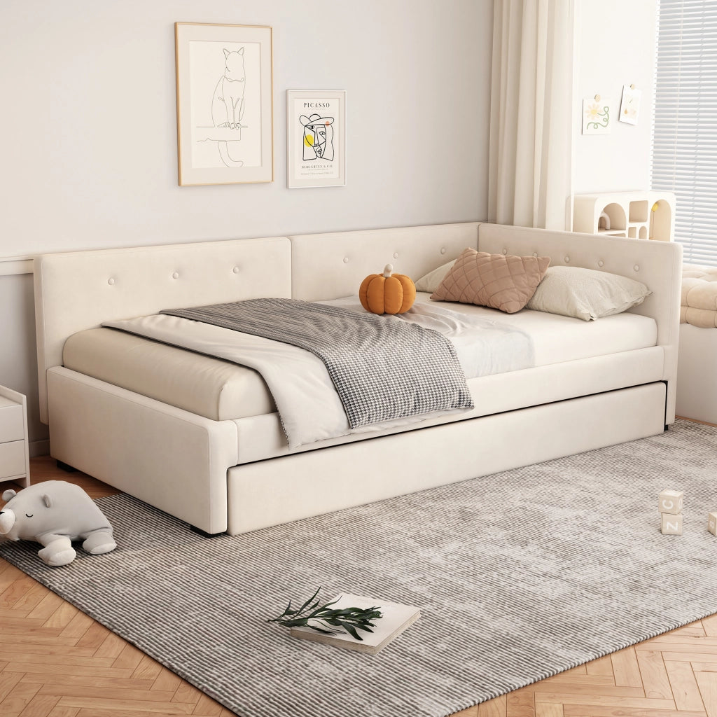 Divano letto singolo 90x200 cm con letto estraibile 90x190 cm; velluto beige; rete a doghe e testiera