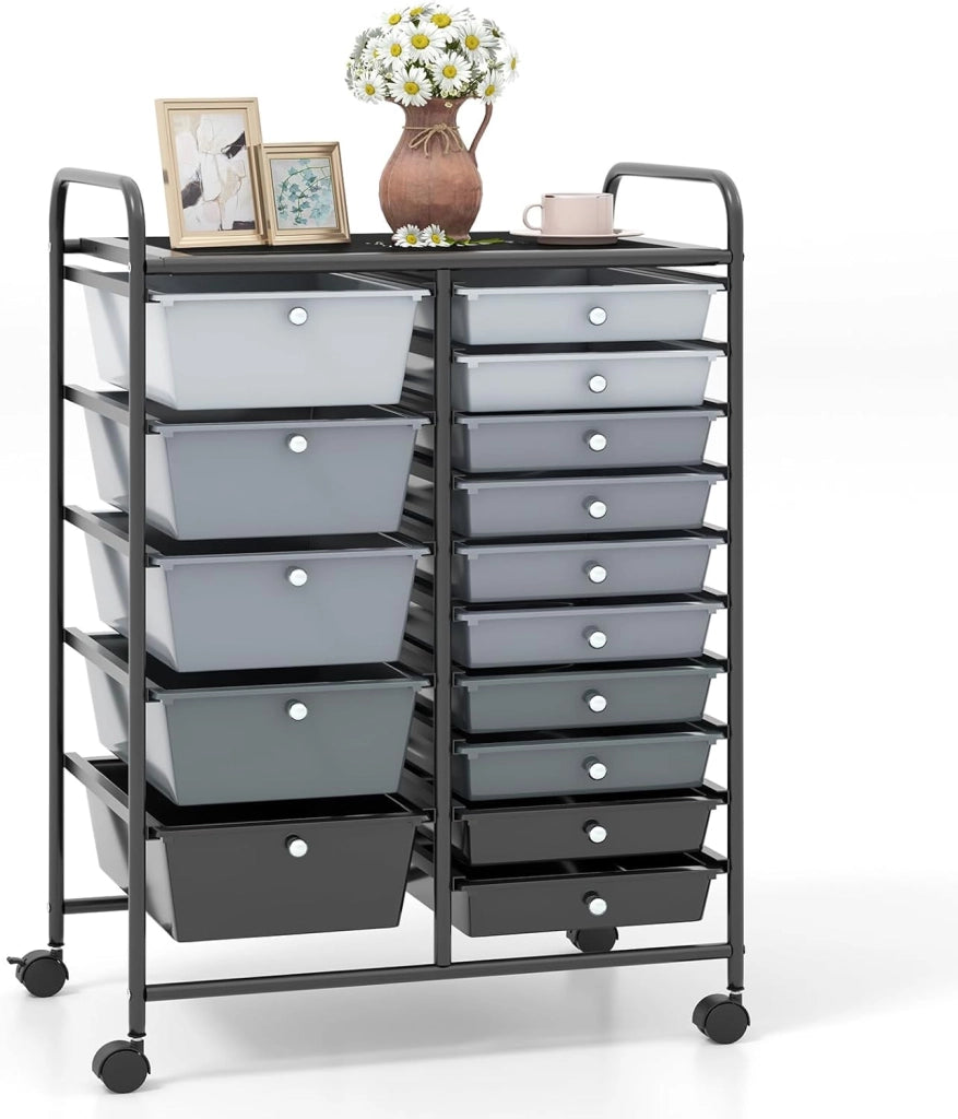 Carrello con 15 Cassetti Impilabili, Carrello di Stoccaggio con Ruote, Carello Portaoggetti per Casa e Ufficio, 62,5 x 37 x 87 cm (Nero 2)