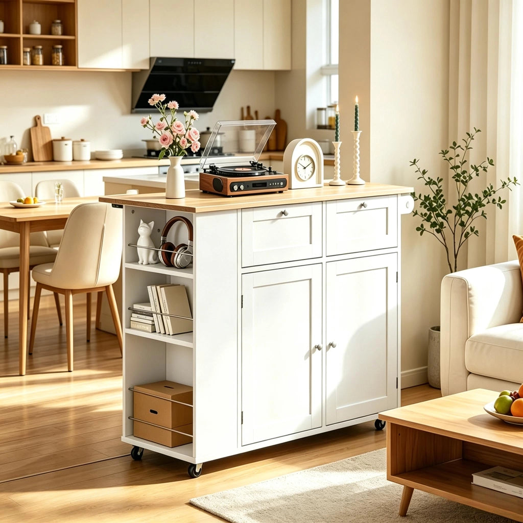 Credenza da cucina con 2 cassetti, 4 vani e ruote per cucina in metallo e truciolare bianco rovere chiaro