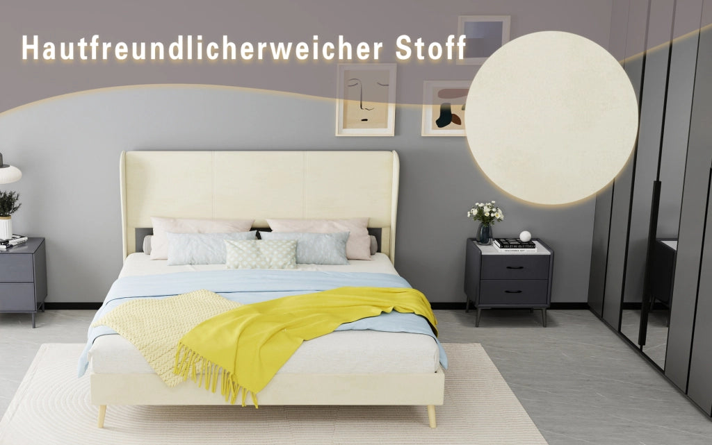 Letto imbottito moderno 160x200 cm con testiera beige e base bassa senza contenitore