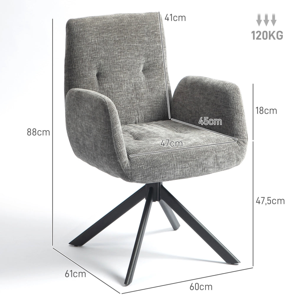 Poltrona girevole lounge con braccioli in tessuto effetto lana e lino, gambe in acciaio, colore grigio scuro, 60x61x88 cm