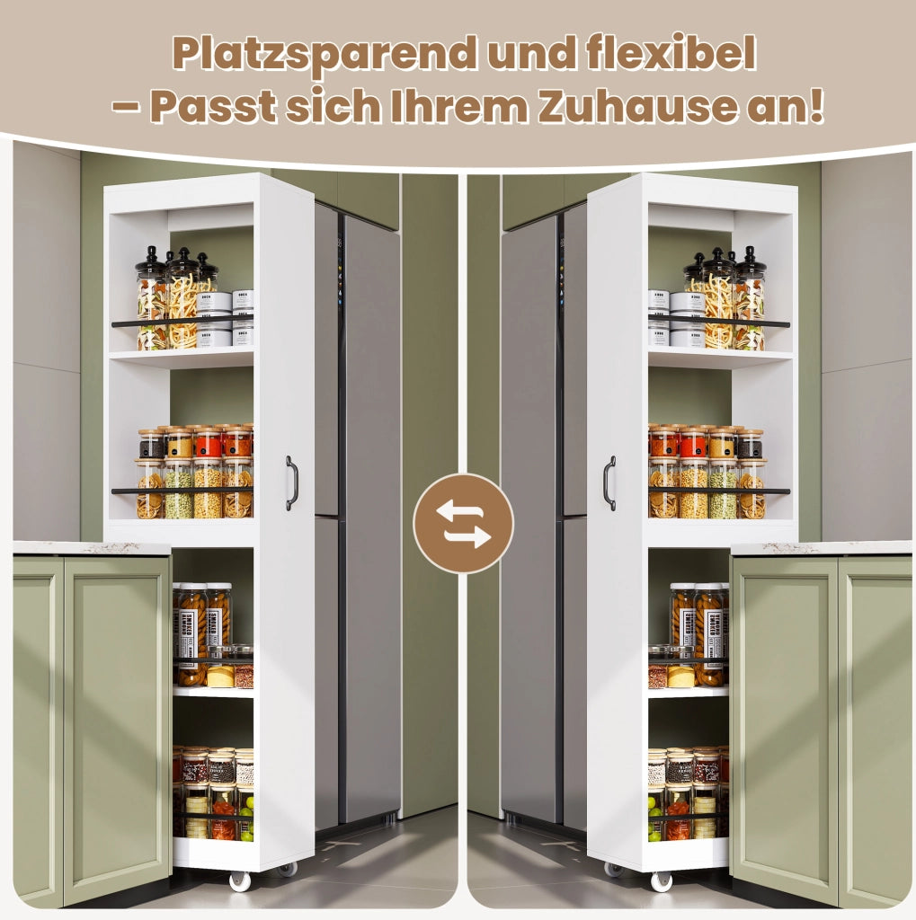 Libreria stretta su ruote 40x30x160;5 cm con barre di protezione in MDF bianca