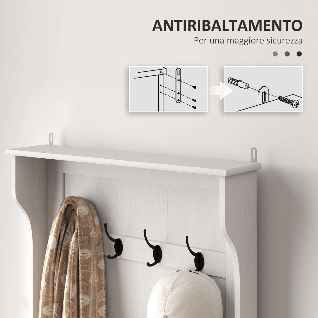 Mobile Appendiabiti 3 in 1 71,5x39,5x170 cm con 4 Ganci e Panca Contenitore in Legno Bianco