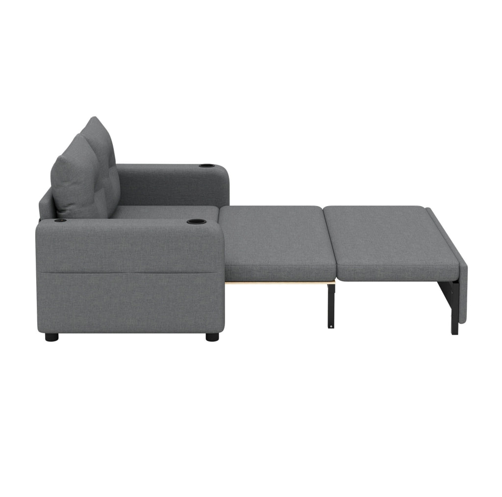Divano Letto 3-in-1 Grigio 2 Posti con Porta Bicchieri, Tasche Laterali, Cuscini e Porta USB
