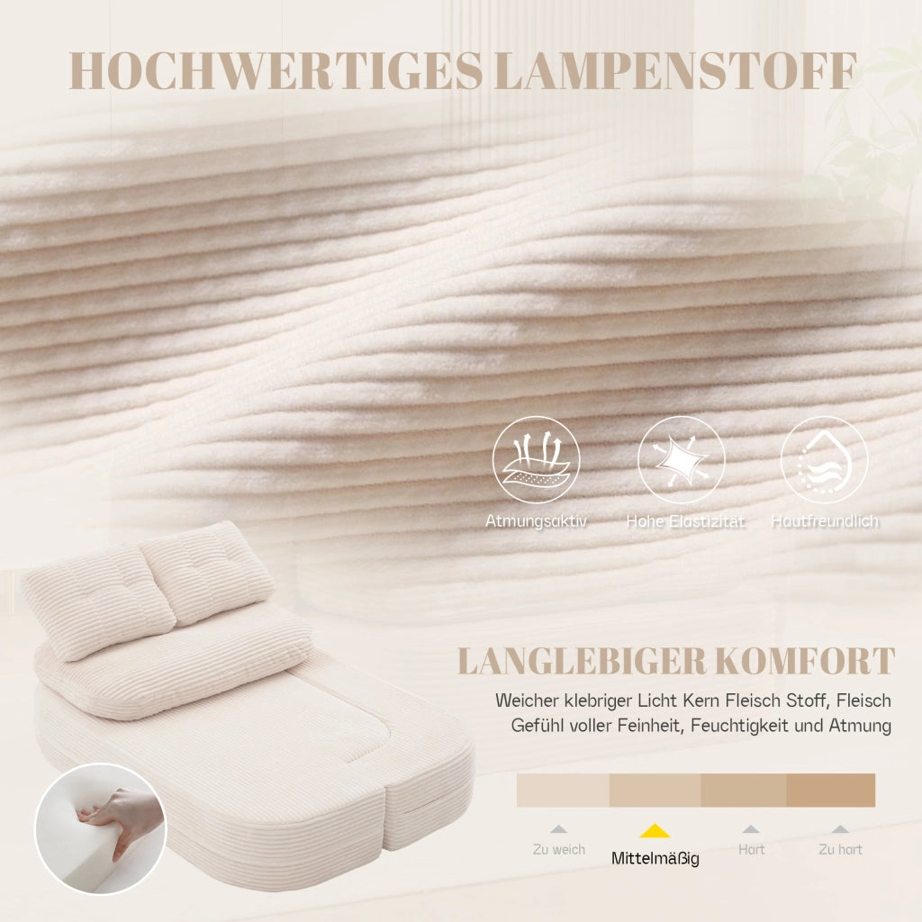 Poltrona letto 2 in 1 in velluto a coste beige; schienale alto; seduta extra profonda e portabevande