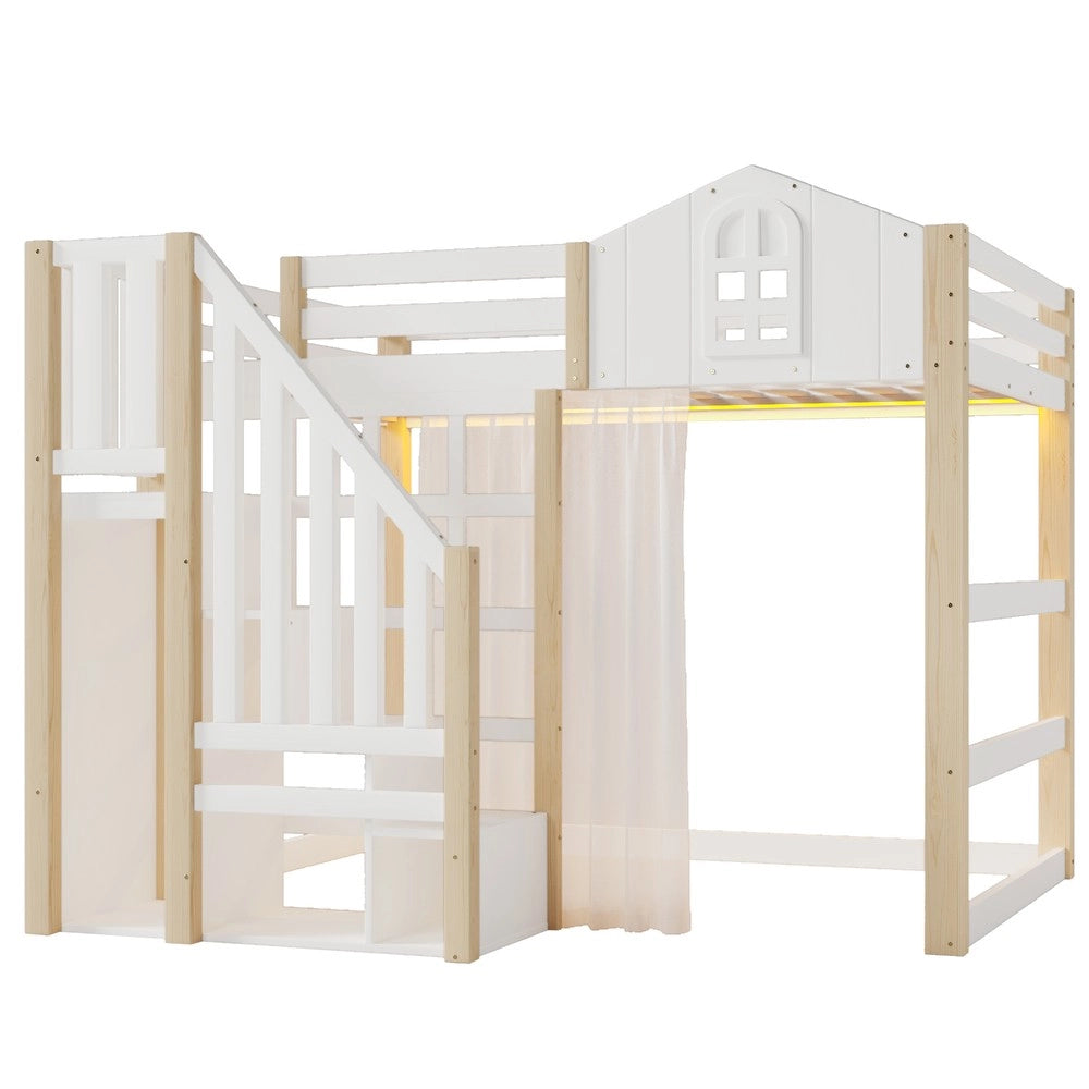 Letto a soppalco ¨C Minimal ¨C 140x200cm, bianco, legno pino, con luci LED, senza materasso