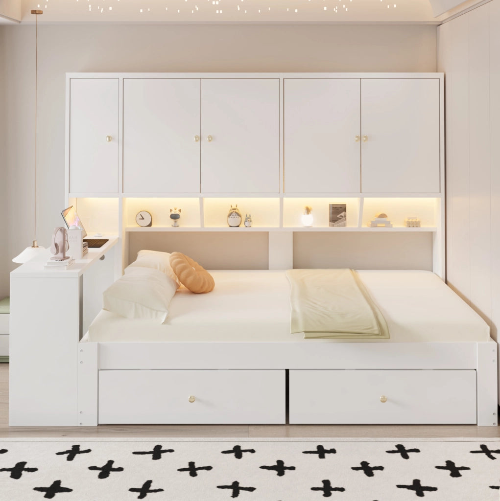 Letto multifunzione ULEVR 90x200 cm con scrivania, armadi, cassetti, LED e prese, bianco