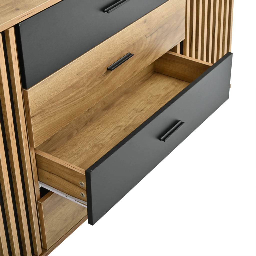 SIDEBOARD 140x35x70 cm in MDF nero e effetto rovere con 4 cassetti e 2 ante