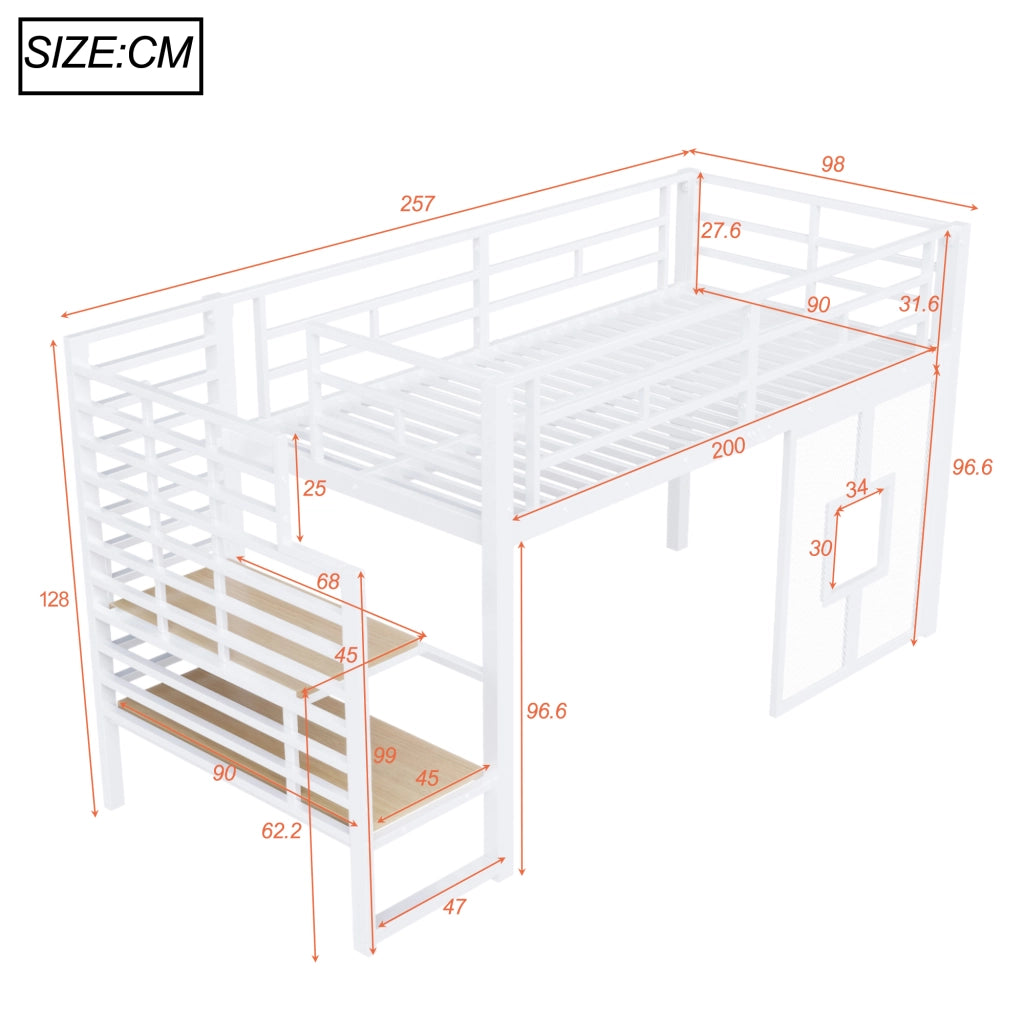 Letto a soppalco in metallo 90 x 200 cm con scala, contenitore, illuminazione LED e finestre - Bianco